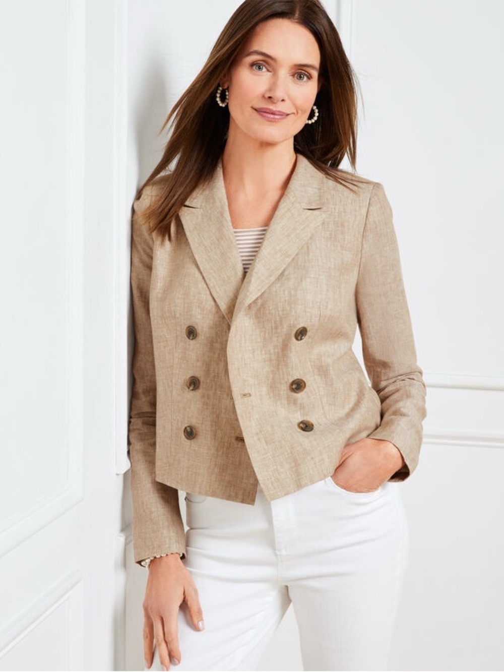 Talbots Plus 16W 100% Linen Double Breasted Blazer Jacket Beige Oatmeal Lined